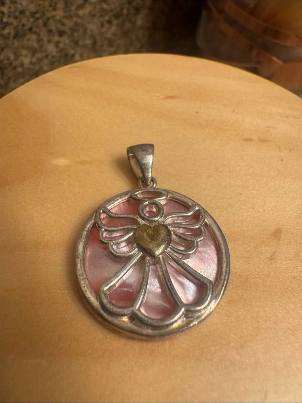 Sterling Silver 925 Angel Heart Pendant with Pink Mother-of-Pearl Inlay‎